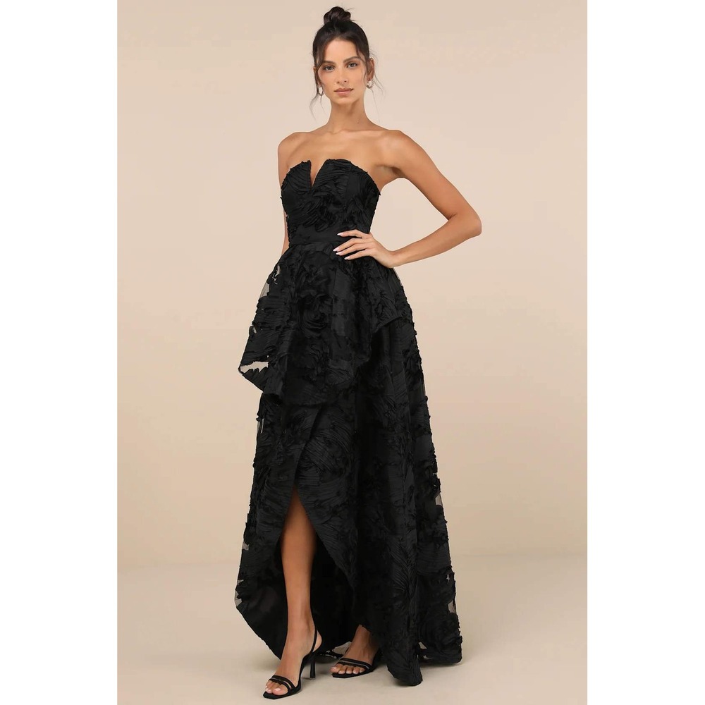 Lulus Majestic Glam Black Strapless Textured High-Low Maxi‎ Dress Size Medium - Picture 2 of 5